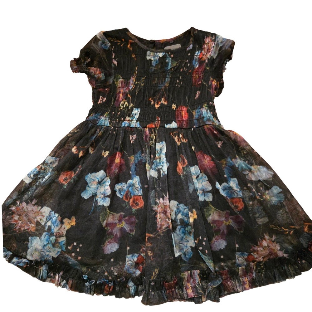 Next Kids‎ Black Floral Mesh Smocked Dress Short Sleeve Ruffle Hem 2-3 Years